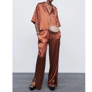 ZARA Satin Effect Pajama Pants Copper Brown